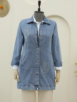 Buz Mavi Yaprak Taş Detaylı Kot Ceket