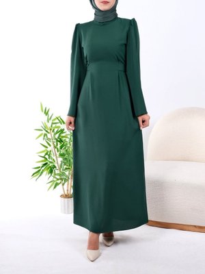 Zümrüt Hakim Yaka Belden Bağlamalı Elbise