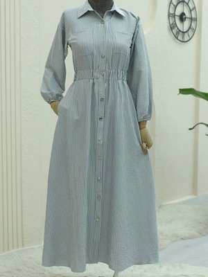 Füme Beli Lastikli Boydan Düğmeli Çizgili Elbise