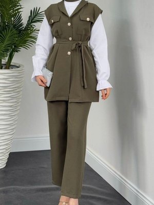 Haki Sıfır Kol Önü Düğmeli Beli Kemerli Üçlü İkili Takım