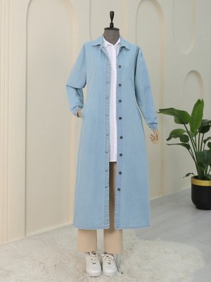 Açık Mavi Kolu Lastikli Boydan Düğmeli Kot Kap