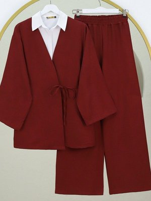 Bordo Önden Bağlamalı Pantolonlu Kimono İkili Takım