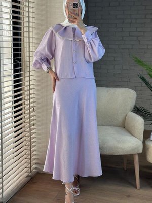 Lila Dantelli Marul Yaka Saf Keten Etekli İkili Takım