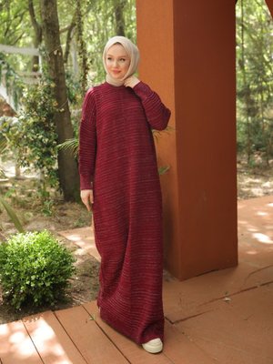 Bordo Ankanoor Oversize Kabartmalı Triko Elbise