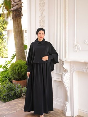 Siyah Ankanoor Yakalı Pelerinli Abiye Elbise