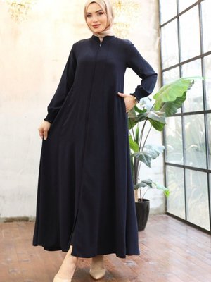 Lacivert Yan Cepli Boydan Fermuarlı Kolu Lastikli Ferace