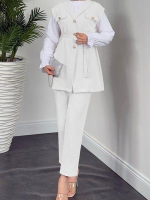 Ekru Sıfır Kol Önü Düğmeli Beli Kemerli Üçlü Takım
