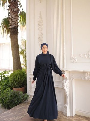 Lacivert Ankanoor Yandan Kaplama Düğmeli Elbise