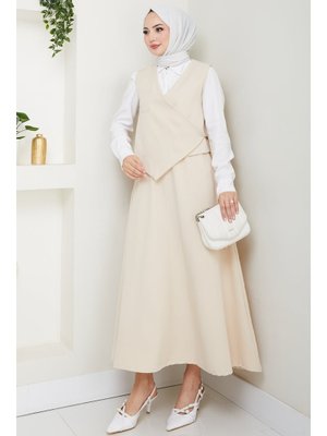 Çapraz Tek Cepli Ekru Yelekli Takım