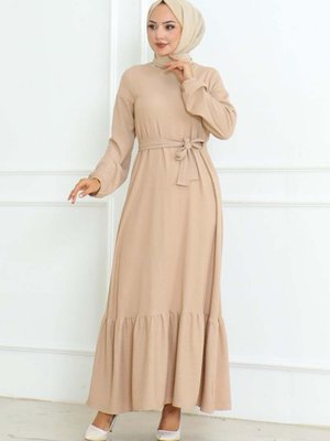 Bej Eteği Fırfırlı Elbise