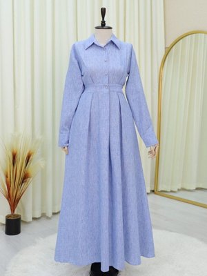 Mavi Yarım Düğmeli Beli Lastikli Keten Elbise Mavi Yarım Düğmeli Beli Lastikli Keten Elbise