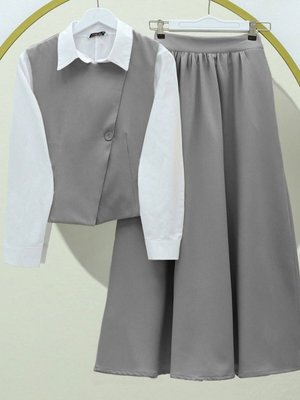 Gri Çapraz Düğmeli Yelek Etek İkili Takım