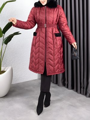 Bordo Yakası Kürklü Kemerli Cepli Kapitone Kaban
