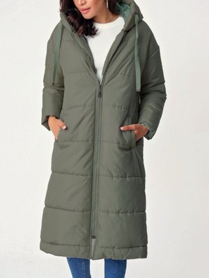 Haki Sabit Kapüşonlu Kuş Gözü Detaylı Uzun Kaban