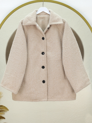 Bej Çift Cepli Önü Düğmeli Astarlı Buklet Kaban