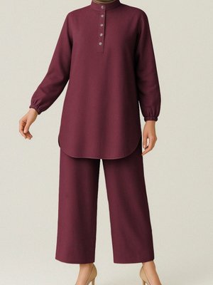 Bordo Yarım Düğmeli Koli Lastikli Dik Yaka Keten İkili Takım Bordo Yarım Düğmeli Koli Lastikli Dik Yaka Keten İkili Takım