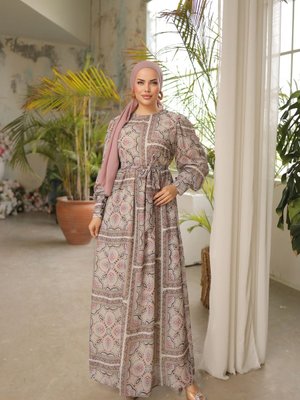 Pudra Kol Manşetli Kare Desenli Şifon Elbise