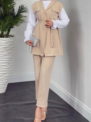 Bej Sıfır Kol Önü Düğmeli Beli Kemerli Üçlü Takım