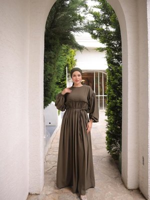 Haki Ankanoor Robalı Büzgülü Oversize Elbise