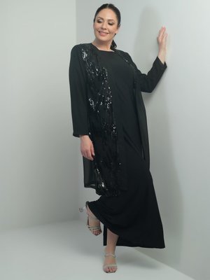 Siyah Önü Pulpayet Şifon Ceket Astarlı Kollu Sandy Elbise Büyük Beden 2'li Takım