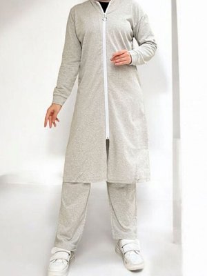 Açık Gri Yakası Biyeli Boydan Fermuarlı İki İp Penye İkili Takım