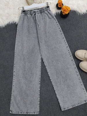 Gri Bol Paça Beli Lastikli Bağcık Detaylı Kot Pantolon