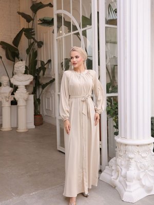 Bej Ankanoor Ekru Hakim Yaka Kuşaklı Ferace