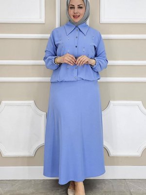 Mavi Taş Detaylı Gömlek Etek İkili Takım