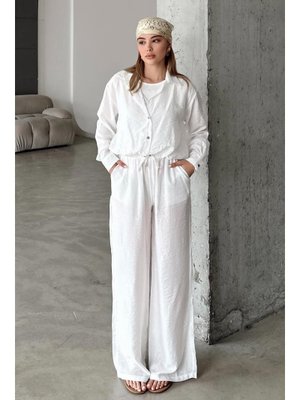 Beyaz Beli Lastikli Rahat Kalıp Chrush Pantolon