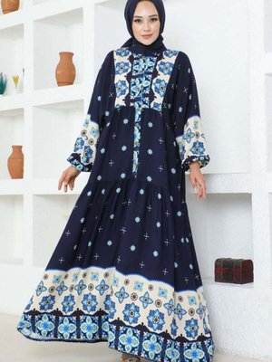 Lacivert Otantik Desenli Viskon Elbise