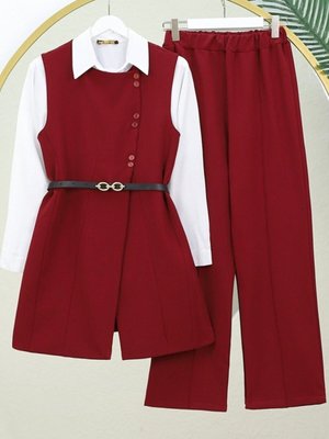 Bordo Kemerli Düğmeli Uzun Yelek