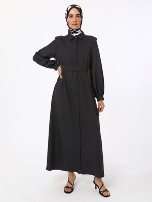 Siyah Bağlama Detaylı Krep Kumaş Elbise