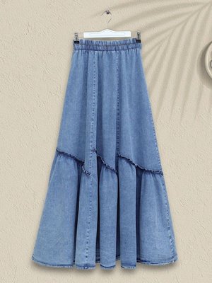 Buz Mavi Uzun Beli Lastikli Parça Kumaş Kot Etek