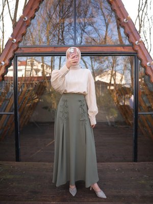 Açık Haki Ankanoor Fiyonklu Keten Uzun Etek