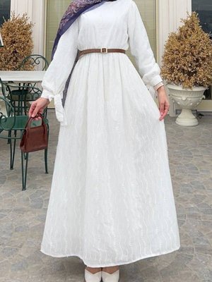 Beyaz Belden Lastikli Maşeti Bağcıklı Elbise