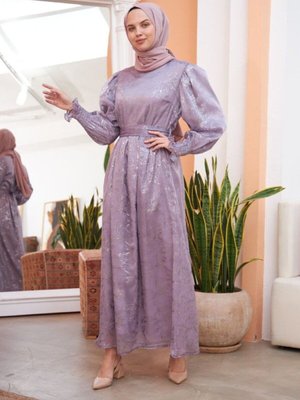 Lila Ankanoor Balon Kol Simli Varaklı Şifon Abiye Elbise