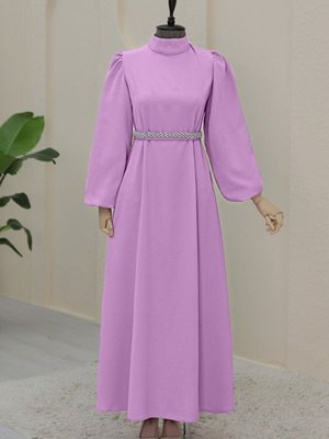Pembe Hakim Yaka Balon Kol Kemerli Elbise