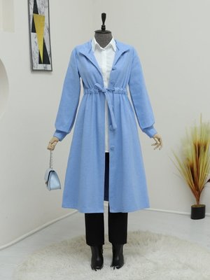 Mavi Hakim Yaka Tünel Bağcıklı Kaşe Kaban