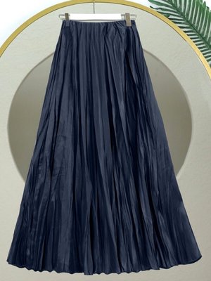 Lacivert Uzun Beli Lastikli Saten Kraş Etek