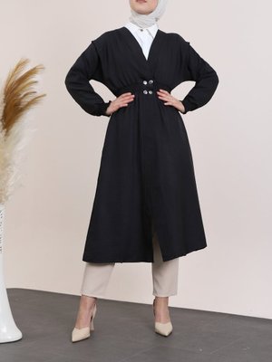 Siyah Kolu Ve Beli Lastikli Çıtçıtlı Keten Kap