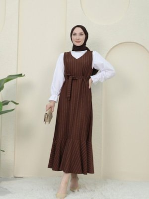 Kahve Çizgili Beli Kuşaklı Gömlek Jile Takım