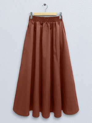 Kiremit Uzun Beli Lastikli Çift Cepli Poplin Kloş Etek