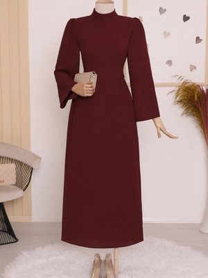 Bordo Hakim Yaka Belden Bağlamalı Elbise