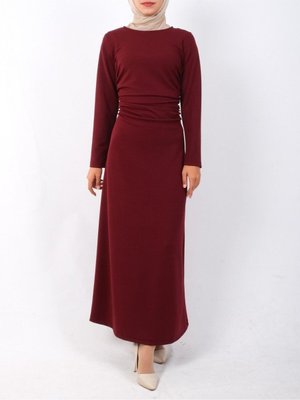 Bordo Belden Büzgülü Örme Krep Likralı Elbise Bordo Belden Büzgülü Örme Krep Likralı Elbise