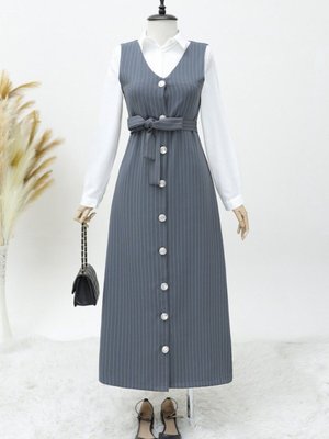 Gri Boydan Düğmeli Kuşaklı Çizgili Jile