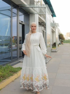 Beyaz Ankanoor Etek Ucu Nakışlı Astarlı Keten Elbise Beyaz Ankanoor Etek Ucu Nakışlı Astarlı Keten Elbise