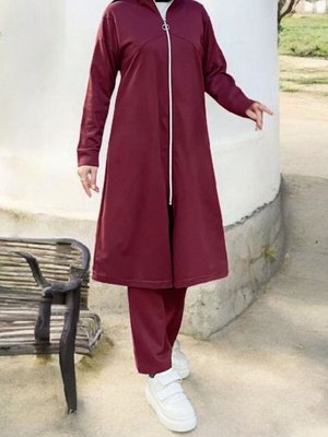 Bordo Yakası Biyeli Boydan Fermuarlı İki İp Penye İkili Takım