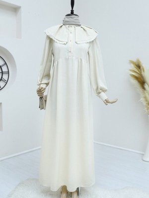 Bej Önlük Yaka Büzgülü Yarım Düğme Keten Elbise