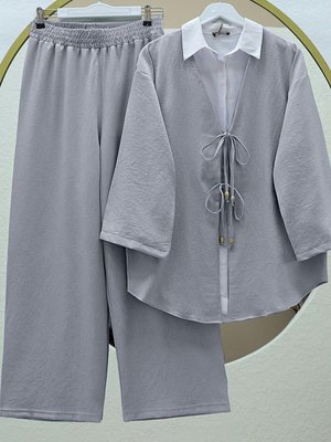 Gri Önü Çift Bağlamalı Pantolonlu Kimono İkili Takım