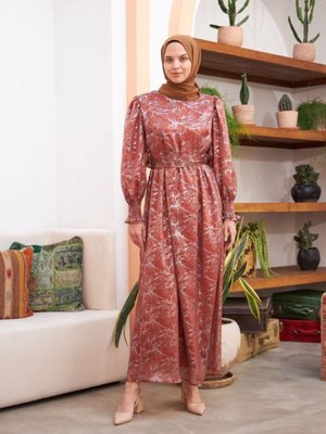 Kırmızı Ankanoor Balon Kol Simli Varaklı Şifon Abiye Elbise